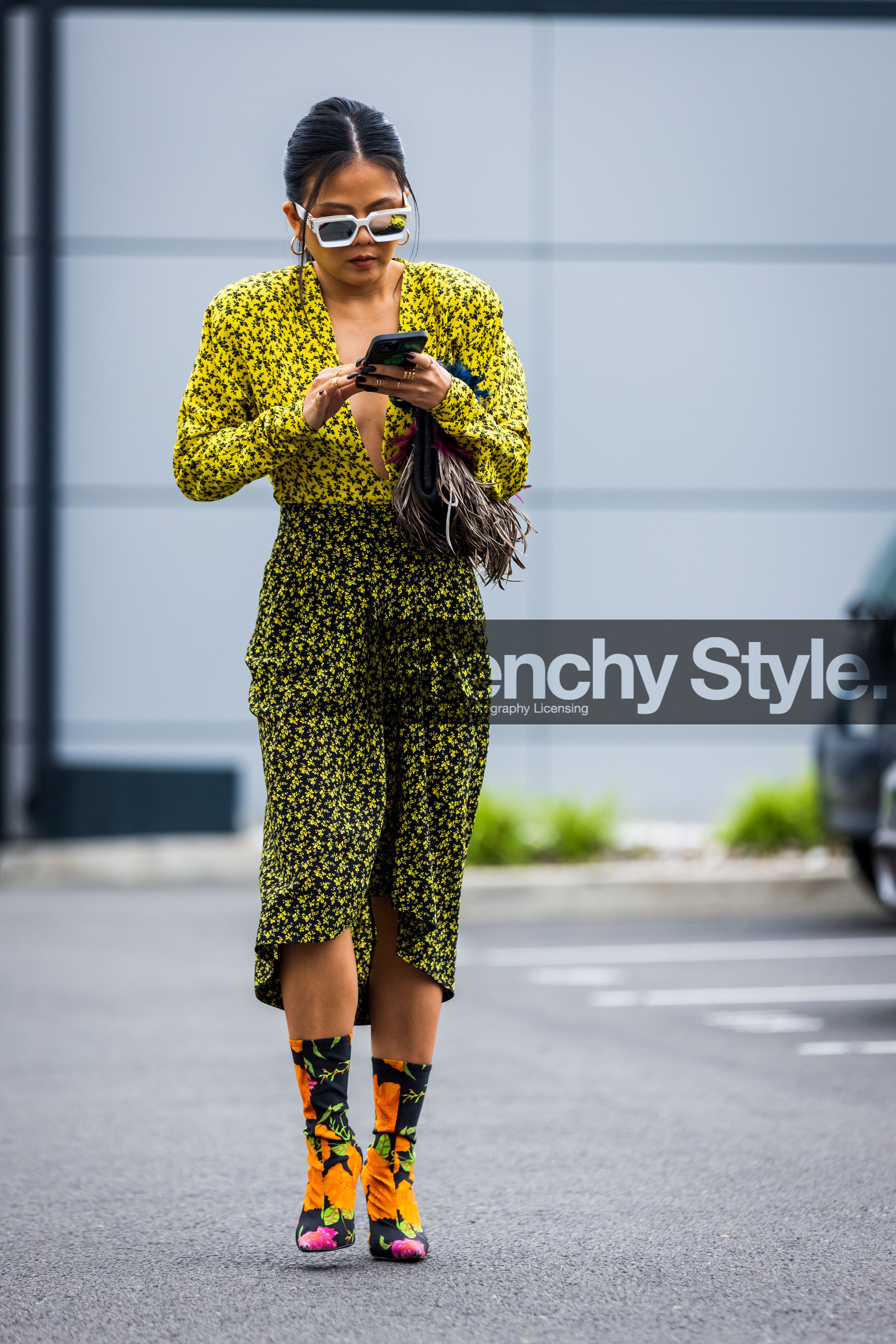 balenciaga boots, boots, color, dress, floral print, flower, green dress, multicolor, orange boots, print, printed dress, sunglasses, white sunglasses, yellow dress, PARIS, PFW, fashion week, frenchystyle, FW, jonathan paciullo, street style, SPRING SUMMER 2022, SS 22, vertical, full length