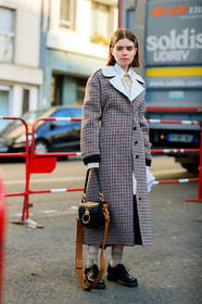 black bag, black shoes, checked, chloé, gingham, grey coat, hair clip, leather bag, leather shoes, molly and reese blustein, necklace, plaid, PARIS, PFW, street style, jonathan paciullo, FW, frenchystyle, fashion week, AUTUMN WINTER 2019-2020, AW 19-20, FALL WINTER 2019-2020, FW 19-20, vertical, full length
