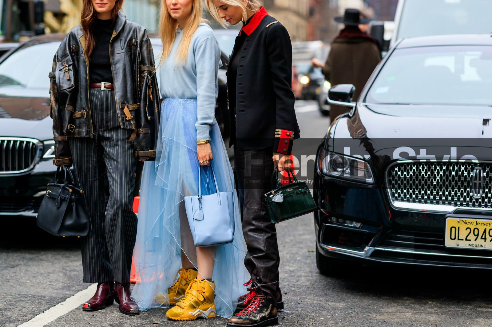 black bag, black jacket, black pants, black shoes, blue bag, blue skirt, blue sweater, brown boot, Charlotte Groeneveld, gala gonzalez, graphic pants, green bag, hoodie, leather bag, leather pants, leather shoes, printed pants, ralph lauren, trousers, xenia adonts, yellow shoes, frenchystyle, jonathan paciullo, street style, NYFW, NEW YORK, AUTUMN WINTER 2019-2020, AW 19-20, FALL WINTER 2019-2020, FW 19-20, fashion week, FW, atmosphere details, horizontal, detail