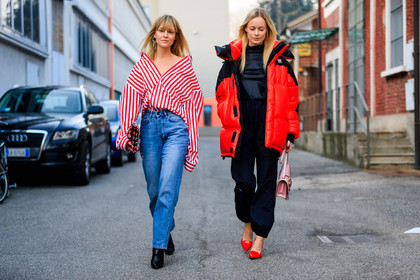 atmosphere details, AUTUMN WINTER 2017-2018, AW 17-18, black pants, black shoes, black sweater, blue denim, checked bag, denim pants, down jacket, FALL WINTER 2017-2018, fashion week, frenchystyle, full length, FW, FW 17-18, geometric, graphic bag, graphic shirt, high heels, horizontal, jeanette madsen, jeans, jonathan paciullo, leather bag, leather shoes, MFW, MILAN, pink bag, red bag, red jacket, red shirt, red shoes, street style, striped shirt, stripes, trousers