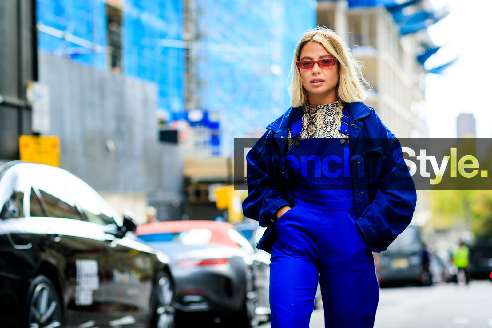 animal print, beige top, blue denim, blue jacket, blue overall, denim jacket, snake print, sunglasses, trousers, fashion week, frenchystyle, FW, jonathan paciullo, street style, LFW, LONDON, SPRING SUMMER 2019, SS 19, atmosphere details, horizontal, detail