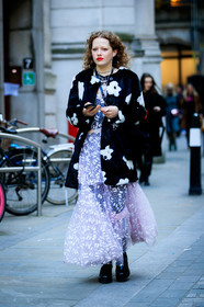 black bag, black fur coat, black shoes, floral, flowers, fur bag, graphic dress, graphic jacket, headphones, leather bag, leather shoes, necklace, pink dress, printed dress, printed jacket, red lips, ruffles, see through, fashion week, frenchystyle, FW, jonathan paciullo, street style, LFW, LONDON, AUTUMN WINTER 2019-2020, AW 19-20, FW 19-20, FALL WINTER 2019-2020, vertical, full length