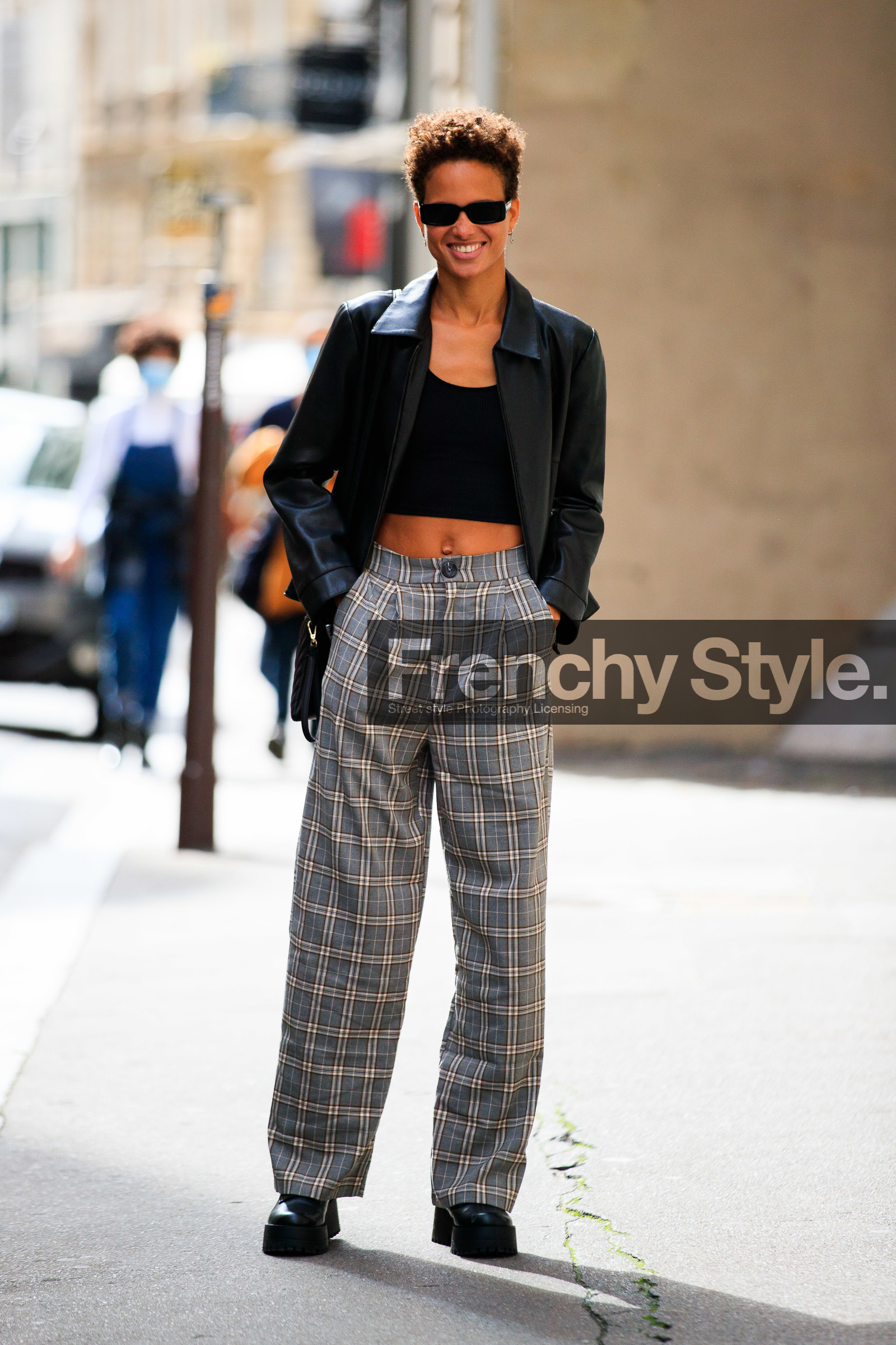 checked pants, grey pants, black leather jacket, black top, cropped top, black sunglasses, square shape glasses, loose pants, PARIS, PFW, fashion week, frenchystyle, FW, jonathan paciullo, street style, SPRING SUMMER 2021, SS 21, vertical, full length, model