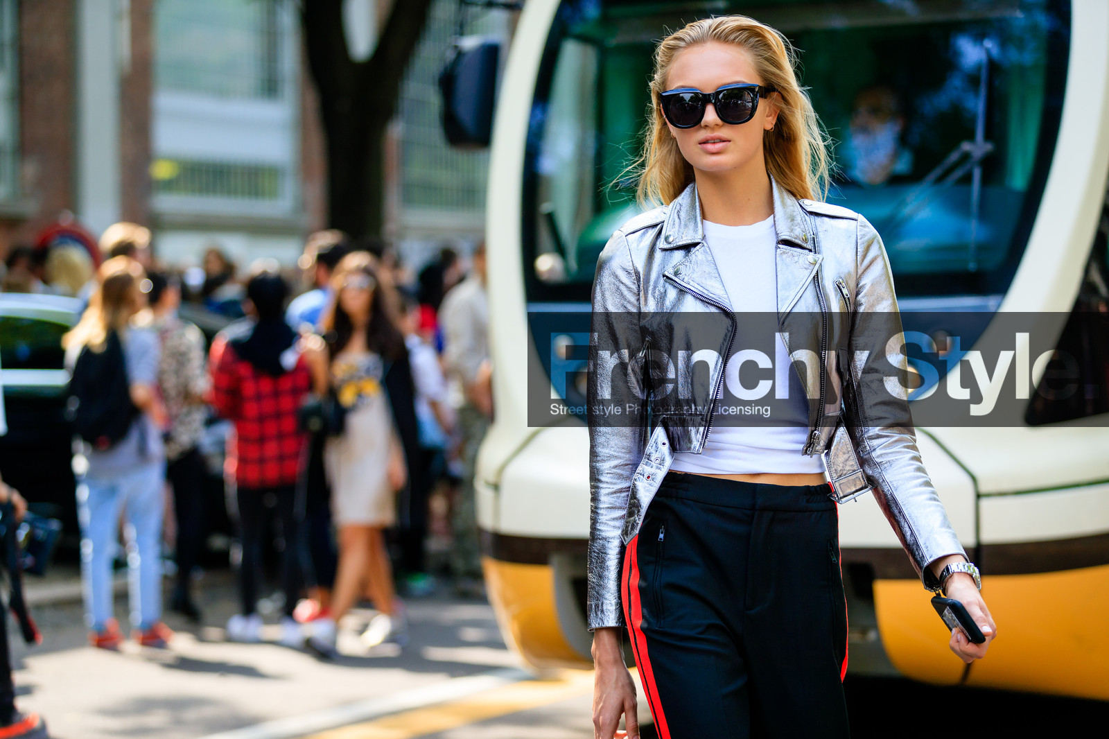 atmosphere details, black pants, detail, fashion week, frenchystyle, FW, grey jacket, horizontal, jonathan paciullo, leather jacket, leather perfecto, metallic jacket, MFW, MILAN, model, romee strijd, silver jacket, SPRING SUMMER 2017, SS 17, street style, striped pants, sunglasses, trousers, white t shirt