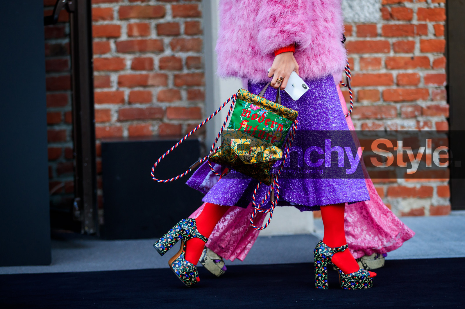 chinese print, floral, flowers, fur jacket, glitter, graphic bag, gucci, high heels, japanese print, leather bag, leather shoes, multicolor bag, pink fur, pink jacket, pink pants, printed bag, printed shoes, purple skirt, red sweater, rings, sequined pants, sequined skirt, shiny pants, shiny skirt, tights, fashion week, frenchystyle, FW, jonathan paciullo, street style, MFW, MILAN, AUTUMN WINTER 2018-2019, FALL WINTER 2018-2019, FW 18-19, horizontal, atmosphere details, Ami and Aya Suzuki