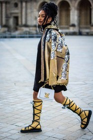 bag, black dress, boots, coat, dress, gold boots, gold coat, high boots, louis vuitton bag, louis vuitton look, print, printed coat, Sharon Alexie, white bag, fashion week, frenchystyle, FW, jonathan paciullo, street style, PFW, PARIS, SPRING SUMMER 2022, SS 22, vertical, full length