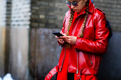 atmosphere details, AUTUMN WINTER 2017-2018, AW 17-18, braids, detail, FALL WINTER 2017-2018, fashion week, frenchystyle, FW, FW 17-18, horizontal, jonathan paciullo, leather jacket, NEW YORK, NYFW, red jacket, red sweater, street style, sunglasses