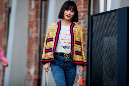 black belt, blue denim, denim pants, graphic jacket, gucci, jeans, leather belt, over the shoulder, printed jacket, printed t shirt, trousers, tweed jacket, white t shirt, yellow jacket, fashion week, frenchystyle, FW, jonathan paciullo, street style, MFW, MILAN, AUTUMN WINTER 2018-2019, FALL WINTER 2018-2019, FW 18-19, horizontal, atmosphere details