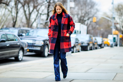atmosphere details, AUTUMN WINTER 2016-2017, AW 16-17, blue coat, blue denim, checked coat, denim pants, fashion week, frenchystyle, full length, FW, FW 16-17, graphic coat, horizontal, jeans, jennifer neyt, jonathan paciullo, NEW YORK, NYFW, overcoat, plaid, street style, tartan, trousers, woman