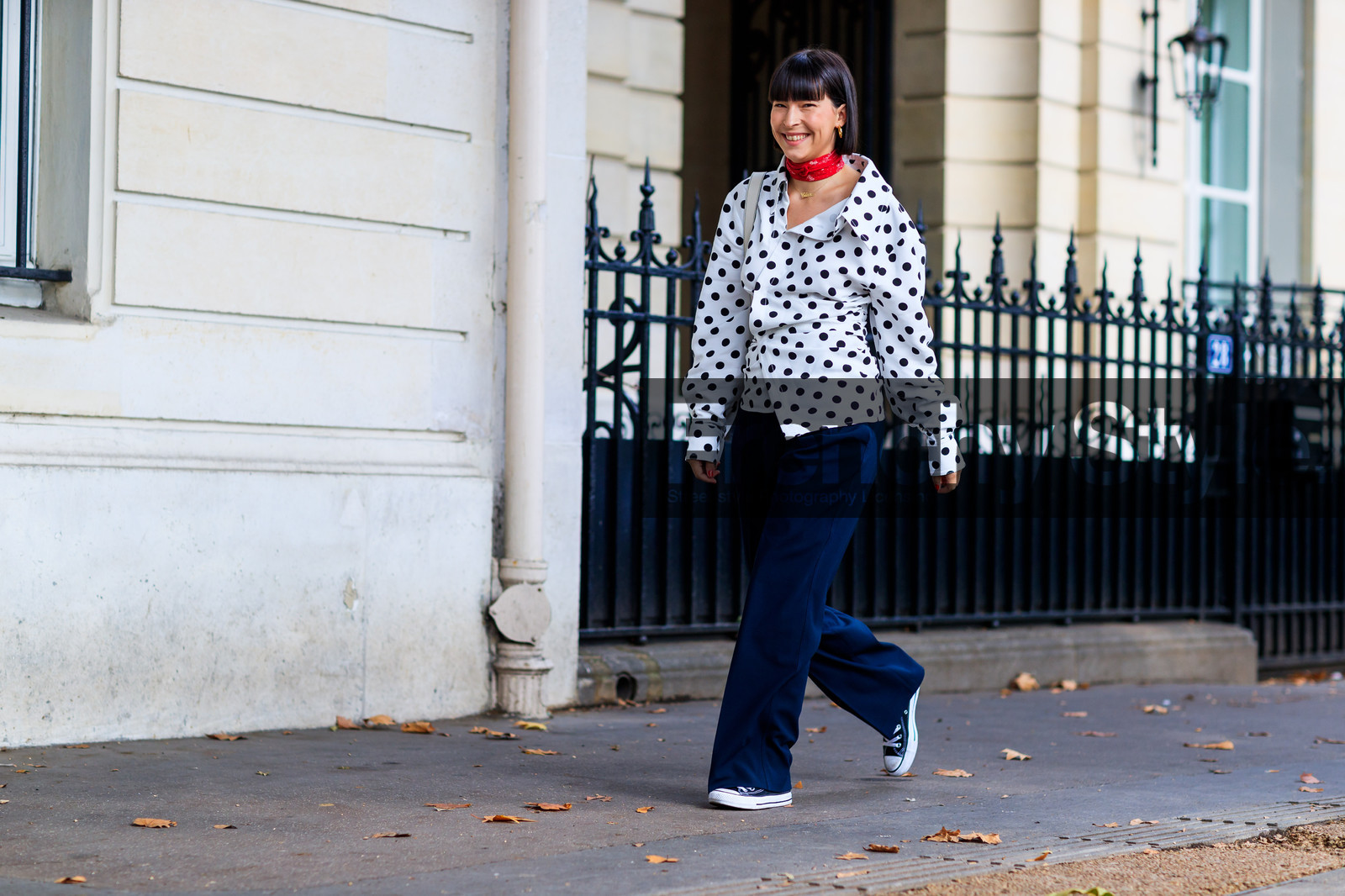 atmosphere details, black shoes, black sneakers, clara cornet, converse, fashion week, frenchystyle, full length, FW, graphic shirt, horizontal, jonathan paciullo, leather shoes, navy pants, PARIS, PFW, polka dot, printed shirt, red scarf, SPRING SUMMER 2018, SS 18, street style, trousers, white shirt