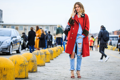 atmosphere details, AUTUMN WINTER 2016-2017, AW 16-17, black bag, blue denim, blue shirt, brown fur, denim pants, ekatrina mukina, embroidered coat, FALL WINTER 2016-2017, fashion week, frenchystyle, full length, FW, FW 16-17, high heels, horizontal, jeans, jonathan paciullo, leather backpack, LFW, LONDON, MENSWEAR, red coat, red sandals, ripped pants, street style, studs, trousers