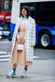 checked, checked coat, graphic jacket, leather bag, leather shoes, louis vuitton, over the shoulder, pink dress, plaid, printed jacket, sunglasses, tartan, white bag, white coat, white sneakers, street style, jonathan paciullo, FW, frenchystyle, fashion week, NYFW, NEW YORK, AUTUMN WINTER 2018-2019, AW 18-19, FALL WINTER 2018-2019, FW 18-19, vertical, full length