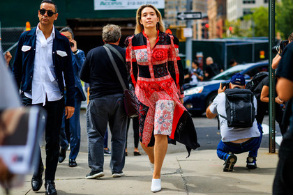 graphic dress, leather shoes, patchwork, printed dress, red dress, white shoes, street style, jonathan paciullo, FW, frenchystyle, fashion week, NYFW, NEW YORK, SPRING SUMMER 2019, SS 19, atmosphere details, horizontal, full length