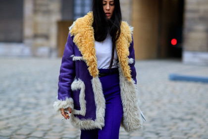 fur jacket, prada, purple jacket, purple pants, shearling, trousers, white bag, white fur, white t shirt, yellow fur, fashion week, frenchystyle, FW, jonathan paciullo, street style, PFW, PARIS, SPRING SUMMER 2017, SS 17, HAUTE COUTURE, atmosphere details, detail, horizontal, gilda ambrosio