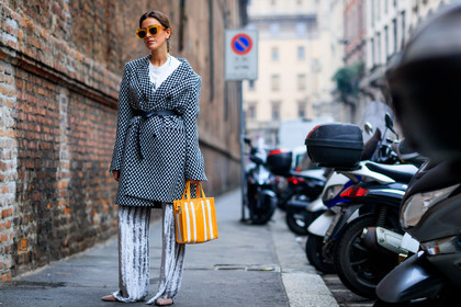 atmosphere details, AUTUMN WINTER 2017-2018, AW 17-18, balenciaga, belted coat, black and white, black belt, checked coat, earrings, FALL WINTER 2017-2018, fashion week, frenchystyle, full length, FW, FW 17-18, gingham, glitter, graphic bag, graphic coat, horizontal, jonathan paciullo, leather bag, leather belt, leather shoes, MFW, MILAN, nude shoes, plaid, printed bag, printed jacket, shiny pants, silver pants, street style, striped bag, sunglasses, sylvia haghjoo, trousers, white t shirt, yellow bag