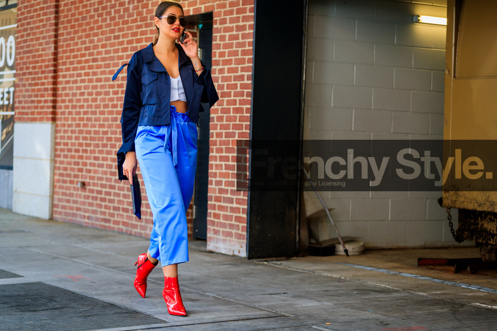 atmosphere details, black bag, black jacket, blue bag, blue pants, cropped top, fashion week, frenchystyle, full length, FW, high heels, horizontal, jonathan paciullo, leather bag, leather shoes, navy jacket, NEW YORK, NYFW, red boots, SPRING SUMMER 2018, SS 18, street style, sunglasses, trousers, white top