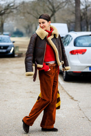 leather jacket, brown jacket, furry jacket, winter jacket, red jumper, turtleneck, orange trousers, orange belt, brown shoes, knitted bag, striped bag, silver loops, fashion week, frenchystyle, FW, jonathan paciullo, street style, PARIS, PFW, SPRING SUMMER 2022, SS 22, full length, vertical, model