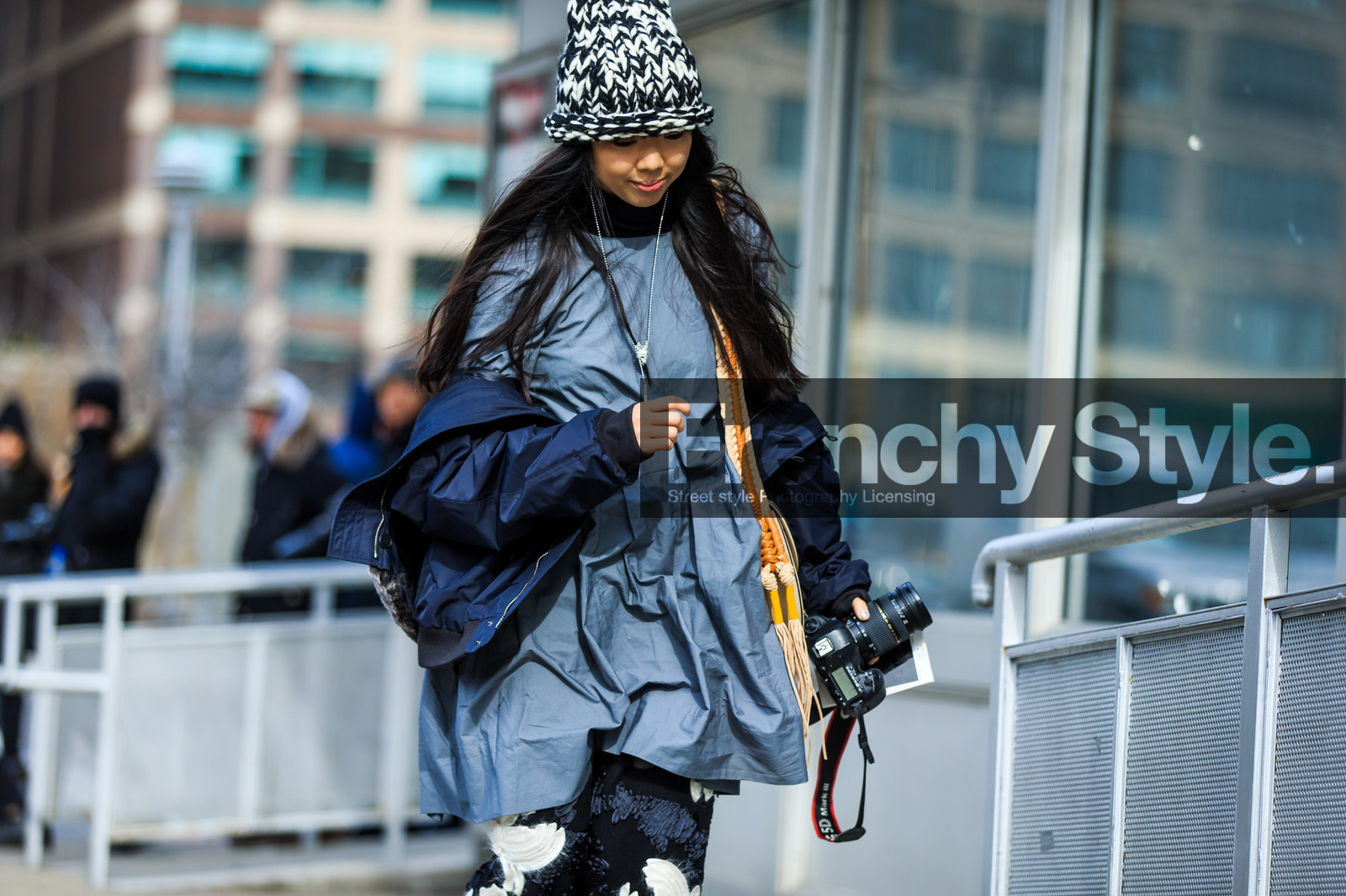 atmosphere details, AUTUMN WINTER 2016-2017, AW 16-17, beige slippers, black beanie, blue jacket, céline, detail, embroidered pants, fashion week, frenchystyle, FW, FW 16-17, grey top, horizontal, jonathan paciullo, NEW YORK, NYFW, street style, susie lau, wide pants, woman