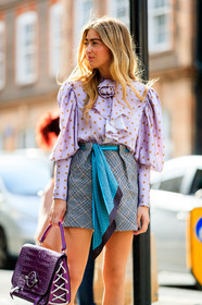 blue belt, blue scarf, bow collar, checked, emili sindlev, graphic bag, graphic skirt, grey skirt, leather bag, plaid, polka dot, printed bag, printed shirt, printed skirt, purple bag, purple shirt, fashion week, frenchystyle, FW, jonathan paciullo, street style, LFW, LONDON, SPRING SUMMER 2019, SS 19, vertical, detail, atmosphere details