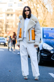 AUTUMN WINTER 2017-2018, AW 17-18, beige fur, beige jacket, beige pants, black and white shoes, FALL WINTER 2017-2018, fashion week, frenchystyle, full length, FW, FW 17-18, gilda ambrosio, high heels, jonathan paciullo, leather bag, leather shoes, PARIS, PFW, printed shoes, shearling, street style, sunglasses, trousers, vertical, white t shirt, wide pants