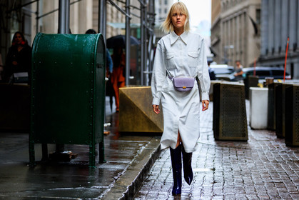 black shoes, blue boots, corduroy, denim dress, fanny pack, high boots, high heels, leather bag, leather shoes, linda tol, purple bag, white denim, white dress, street style, jonathan paciullo, FW, frenchystyle, fashion week, NYFW, NEW YORK, SPRING SUMMER 2019, SS 19, atmosphere details, horizontal, full length