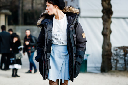 black jacket, blue skirt, christian dior, down jacket, fishnet, hood, printed t shirt, tights, white t shirt, fashion week, frenchystyle, FW, jonathan paciullo, street style, PFW, PARIS, SPRING SUMMER 2017, SS 17, HAUTE COUTURE, atmosphere details, detail, horizontal, model