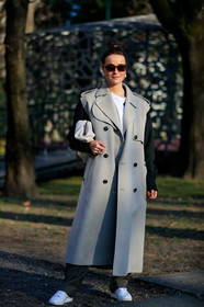earrings, grey coat, leather bag, leather shoes, lena lademann, sunglasses, trousers, white bag, white shoes, white t shirt, MILAN, MFW, fashion week, frenchystyle, FW, jonathan paciullo, street style, AUTUMN WINTER 2019-2020, AW 19-20, FALL WINTER 2019-2020, FW 19-20, vertical, full length