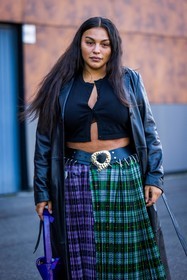belt, black belt, black coat, black crop top, coat, crop top, green skirt, leather coat, Paloma Elsesser, print, printed skirt, purple skirt, skirt, tartan print, street style, jonathan paciullo, FW, frenchystyle, fashion week, PFW, PARIS, SPRING SUMMER 2022, SS 22, vertical, atmosphere details, model