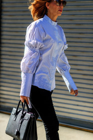 black bag, black pants, blue shirt, fashion week, frenchystyle, full length, FW, graphic shirt, jonathan paciullo, leather bag, NEW YORK, NYFW, printed shirt, ruffles, SPRING SUMMER 2018, SS 18, street style, striped shirt, sunglasses, trousers, vertical