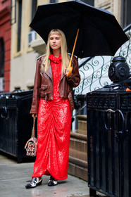 black shoes, brown jacket, chanel handbag, courtney trop, cowboy boots, glitter, graphic bag, leather bag, leather jacket, leather perfecto, leather shoes, printed bag, red dress, sequined dress, shiny dress, tweed bag, umbrella, street style, jonathan paciullo, FW, frenchystyle, fashion week, NYFW, NEW YORK, SPRING SUMMER 2019, SS 19, vertical, full length