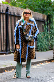 blue fur, brown coat, brown fur, checked, chloé, graphic jacket, green bag, green pants, green shoes, leather bag, leather shoes, nina suess, plaid, printed jacket, sunglasses, trousers, fashion week, frenchystyle, FW, jonathan paciullo, street style, LFW, LONDON, SPRING SUMMER 2019, SS 19, vertical, full length