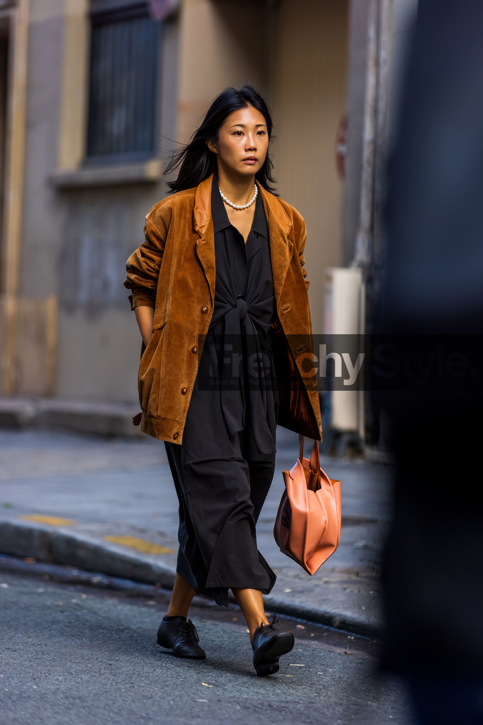bag, black derbies, black dress, bow, brown jacket, derbies, dress, jacket, leather bag, orange bag, pearl necklace, twisted dress, street style, jonathan paciullo, FW, frenchystyle, fashion week, PFW, PARIS, SPRING SUMMER 2022, SS 22, vertical, full length