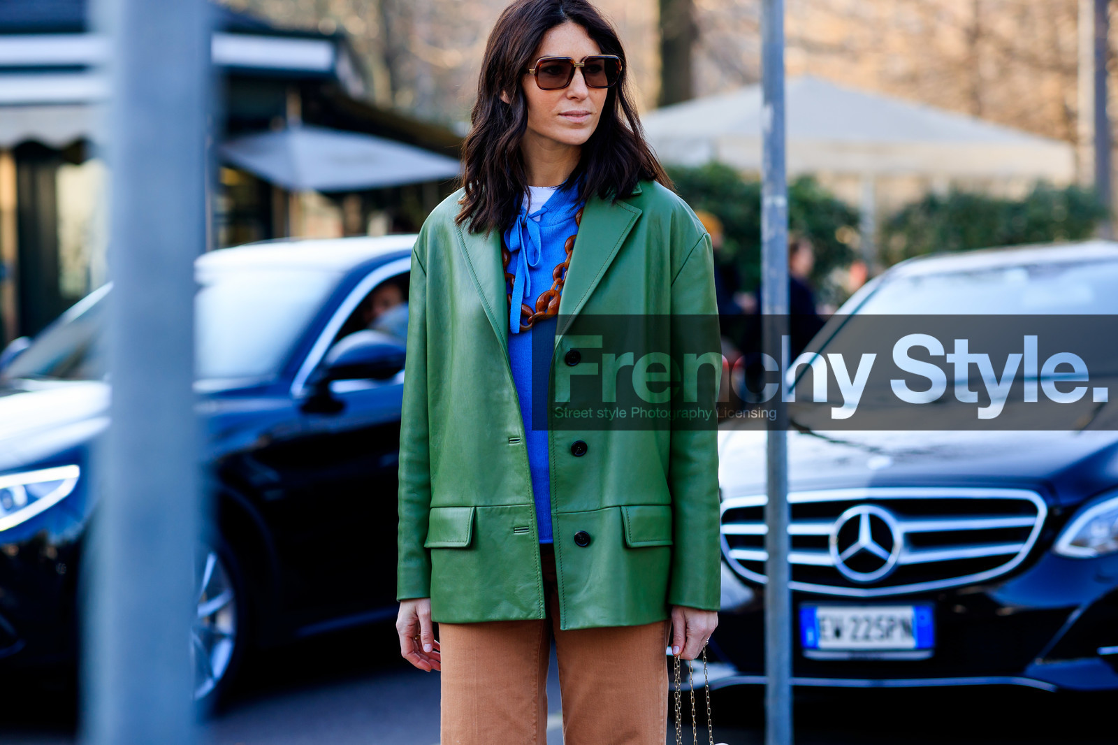 blazer, blue sweater, brown denim, deborah reyner sebag, denim pants, green jacket, jeans, leather jacket, necklace, sunglasses, trousers, MILAN, MFW, fashion week, frenchystyle, FW, jonathan paciullo, street style, AUTUMN WINTER 2019-2020, AW 19-20, FALL WINTER 2019-2020, FW 19-20, atmosphere details, detail, horizontal