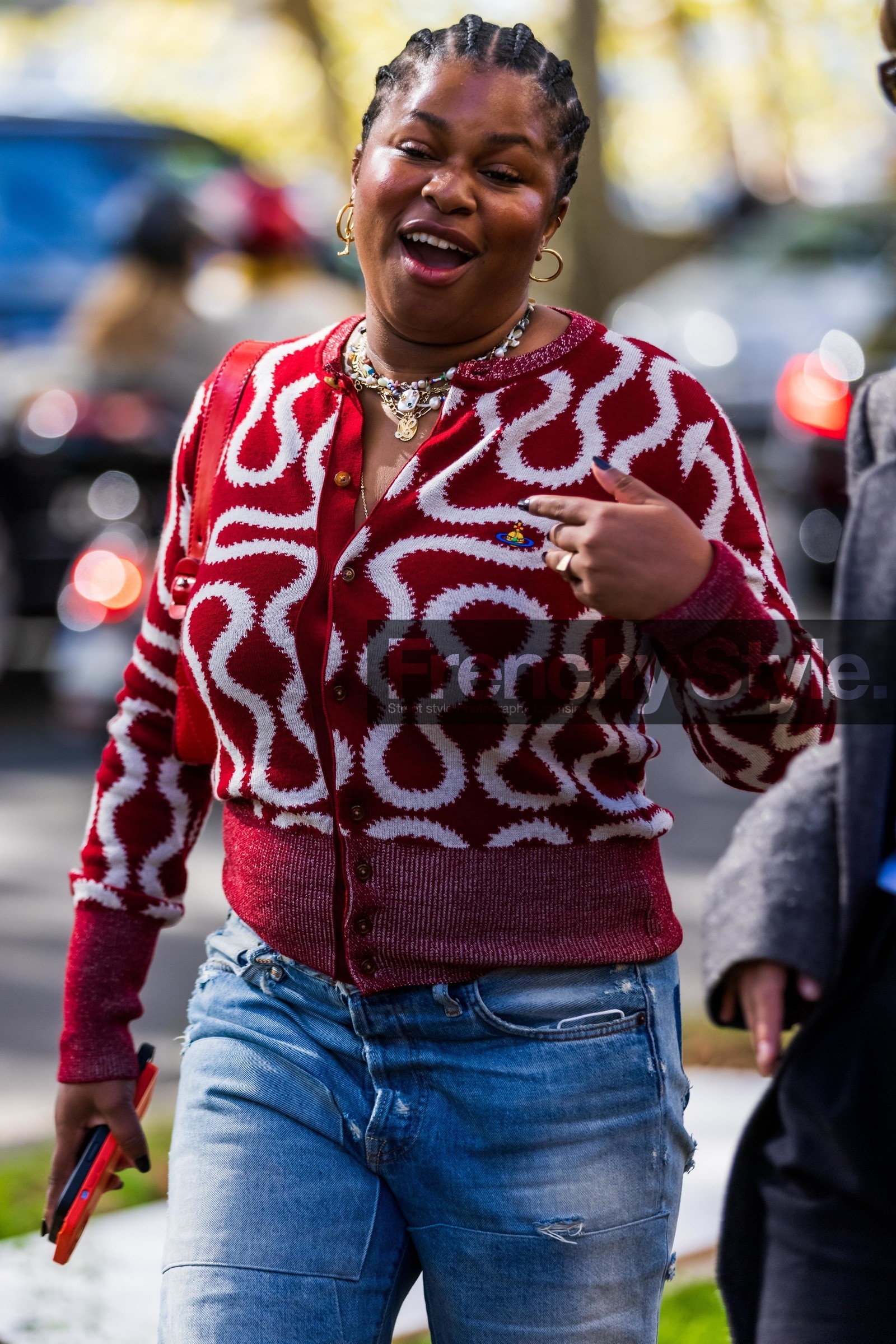 blue denim, blue jean, cardigan, denim, gold hoops, jean, necklace, print, printed cardigan, red cardigan, vivienne westwood cardigan, street style, jonathan paciullo, FW, frenchystyle, fashion week, PFW, PARIS, SPRING SUMMER 2022, SS 22, vertical, atmosphere details