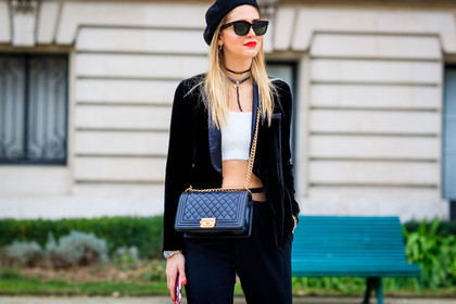 black bag, black cap, black jacket, black pants, blazer, boy bag, chanel, choker, crop top, leather bag, necklace, sunglasses, trousers, velvet, white top, fashion week, frenchystyle, FW, jonathan paciullo, street style, PFW, PARIS, SPRING SUMMER 2017, SS 17, HAUTE COUTURE, atmosphere details, detail, horizontal, chiara ferragni