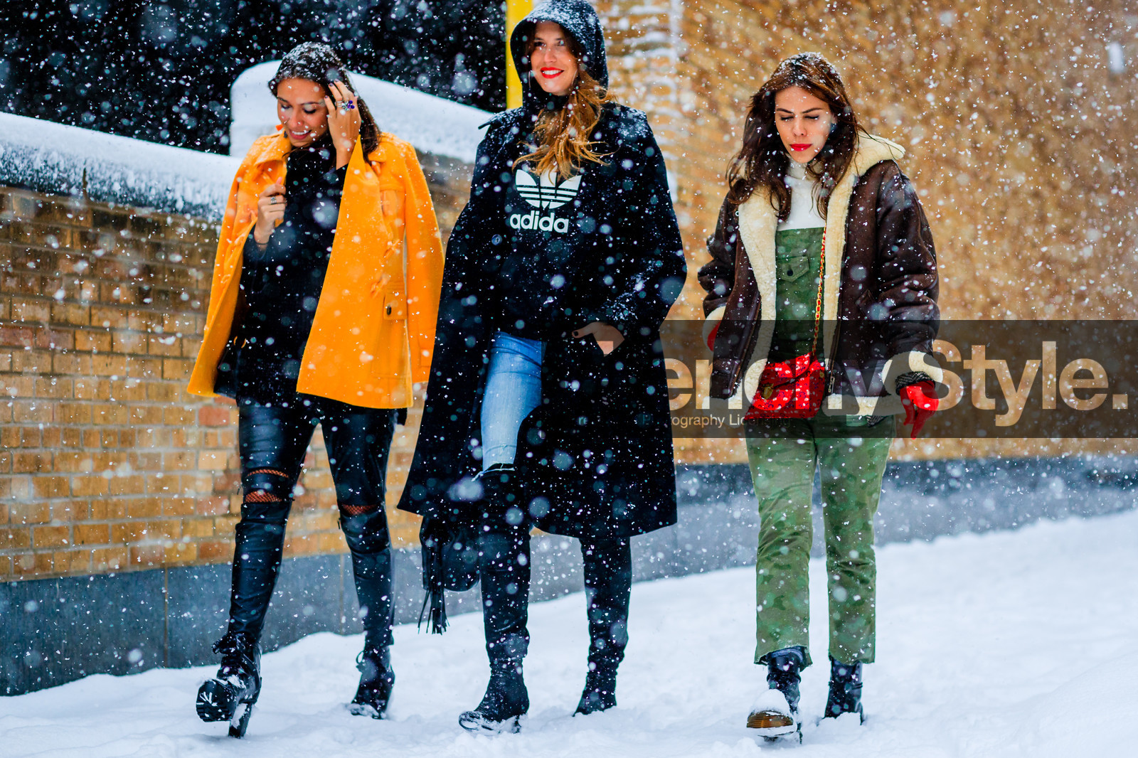 adidas, atmosphere details, AUTUMN WINTER 2017-2018, AW 17-18, black boots, black coat, black pants, black sweater, blue denim, brown jacket, denim pants, FALL WINTER 2017-2018, fashion week, frenchystyle, full length, FW, FW 17-18, green jumpsuit, high boots, high heels, hoodie, horizontal, jeans, jonathan paciullo, leather jacket, leather pants, NEW YORK, NYFW, orange coat, over the shoulder, overall, red bag, red gloves, shearling, street style, trousers, white fur