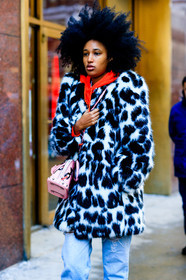 AUTUMN WINTER 2017-2018, AW 17-18, black and white jacket, blue denim, denim pants, detail, FALL WINTER 2017-2018, fashion week, frenchystyle, fur jacket, FW, FW 17-18, jeans, jonathan paciullo, julia sarr-jamois, leather bag, louis vuitton, NEW YORK, NYFW, pink bag, printed jacket, red sweater, shiny bag, street style, trousers, vertical