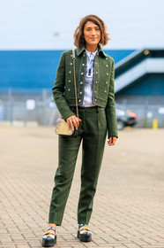 fashion week, frenchystyle, full length, FW, green jacket, green pants, jonathan paciullo, leather bag, leather shoes, LFW, LONDON, SPRING SUMMER 2017, SS 17, street style, trousers, vertical, wedges, white shirt, woman