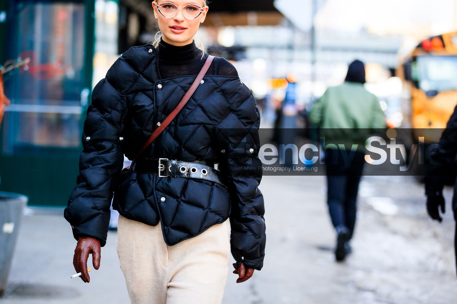 atmosphere details, AUTUMN WINTER 2017-2018, AW 17-18, beige pants, black belt, black jacket, brown gloves, detail, down jacket, FALL WINTER 2017-2018, fashion week, Frederikke Sofie Falbe-Hansen, frenchystyle, FW, FW 17-18, graphic jacket, horizontal, jonathan paciullo, leather bag, leather belt, leather gloves, model, NEW YORK, NYFW, street style, trousers