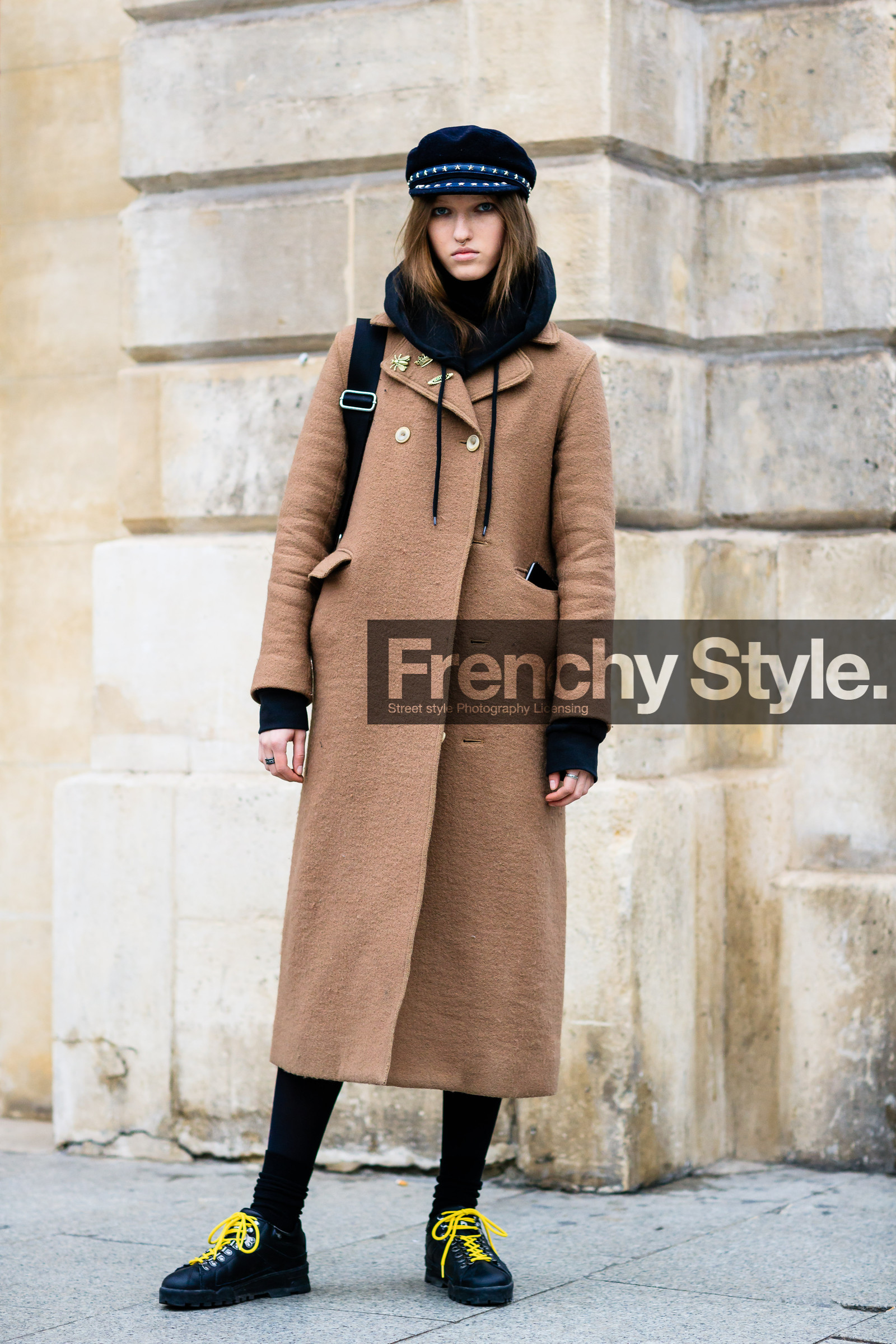 black cap, black shoes, black sweater, brown jacket, camel coat, hoodie, leather shoes, fashion week, frenchystyle, FW, jonathan paciullo, street style, PFW, PARIS, SPRING SUMMER 2017, SS 17, HAUTE COUTURE, vertical, full length, liza ostanina, model