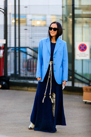 blazer, blue dress, blue jacket, chloé, leather shoes, sunglasses, white belt, white shoes, yoyo cao, PARIS, PFW, street style, jonathan paciullo, FW, frenchystyle, fashion week, AUTUMN WINTER 2019-2020, AW 19-20, FALL WINTER 2019-2020, FW 19-20, vertical, full length