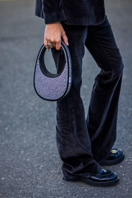 bag, black loafers, black pants, Camille Charrière, close up, coperni bag, velvet pants, detail, loafers, pants, statement bag, strass, street style, jonathan paciullo, FW, frenchystyle, fashion week, PFW, PARIS, SPRING SUMMER 2022, SS 22, vertical, atmosphere details