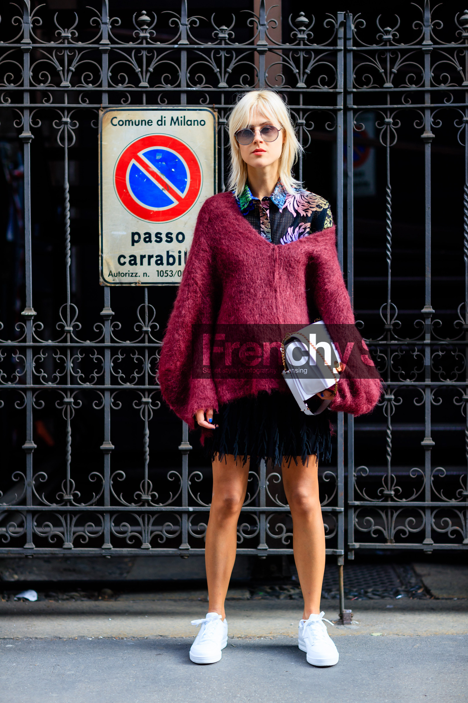 black shirt, black skirt, embroidered shirt, fashion week, floral, flower, frenchystyle, fringes, full length, FW, jonathan paciullo, leather bag, leather shoes, leather skirt, leather sneakers, linda tol, marco de vincenzo, MFW, MILAN, red sweater, SPRING SUMMER 2017, SS 17, street style, suede skirt, sunglasses, vertical, white bag, white sneakers