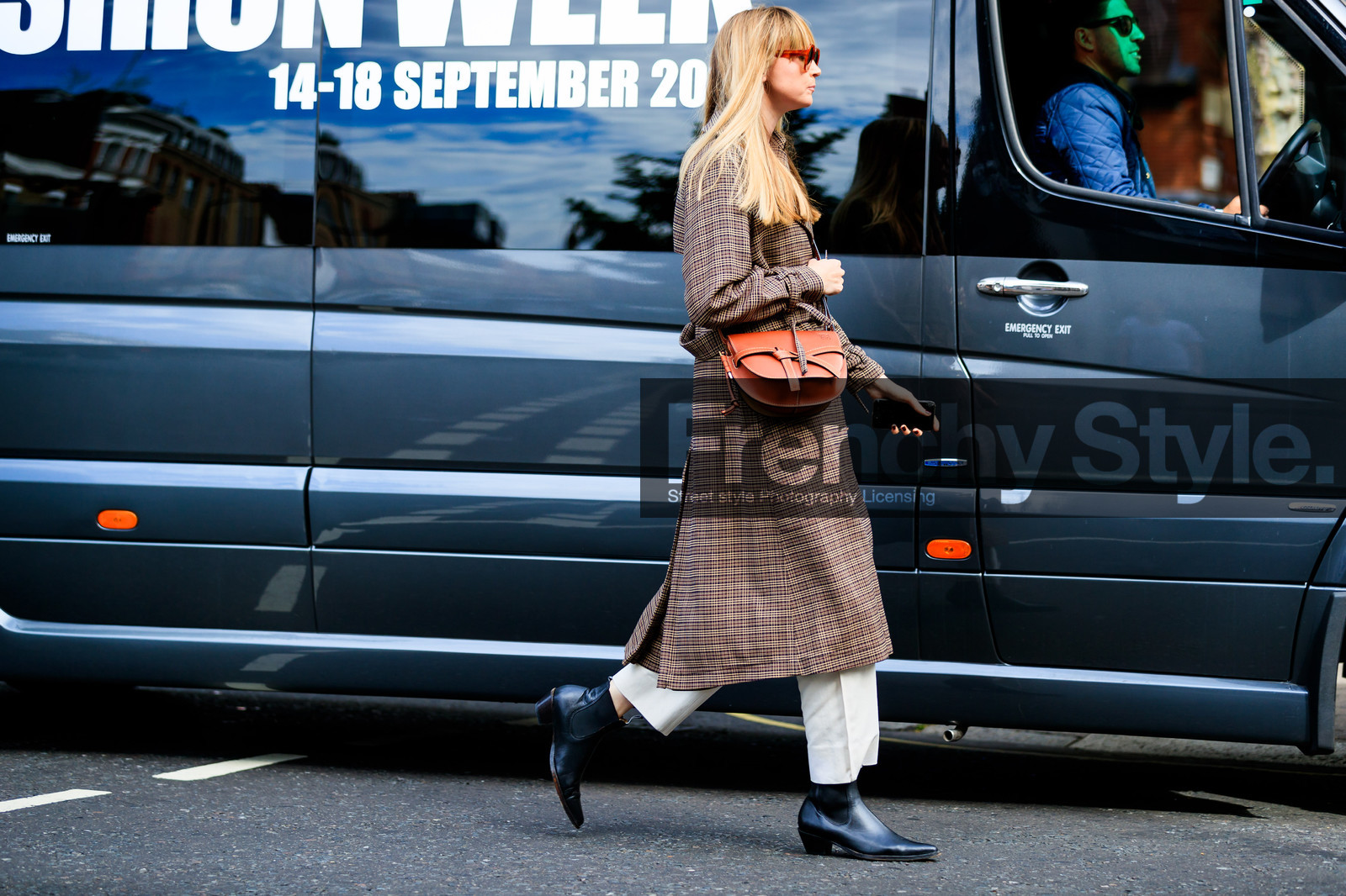 black shoes, brown coat, camel bag, checked, graphic jacket, leather bag, leather shoes, loewe, plaid, printed jacket, sunglasses, trousers, fashion week, frenchystyle, FW, jonathan paciullo, street style, LFW, LONDON, SPRING SUMMER 2019, SS 19, atmosphere details, horizontal, full length