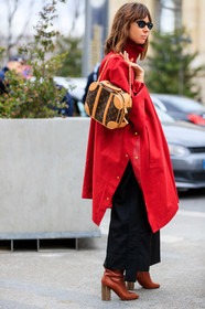 black pants, brown bag, brown boots, graphic bag, high heels, leather bag, leather shoes, louis vuitton, monogram, natasha goldenberg, printed bag, red coat, sunglasses, trousers, PARIS, PFW, street style, jonathan paciullo, FW, frenchystyle, fashion week, AUTUMN WINTER 2019-2020, AW 19-20, FALL WINTER 2019-2020, FW 19-20, vertical, full length