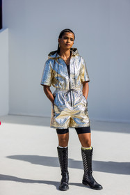 biker short, black boots, boots, earrings, gold earrings, hoops, jumpsuit, lace up boots, short jumpsuit, silver jumpsuit, sock, zipped jumpsuit, street style, jonathan paciullo, FW, frenchystyle, fashion week, PFW, PARIS, SPRING SUMMER 2022, SS 22, vertical, full length
