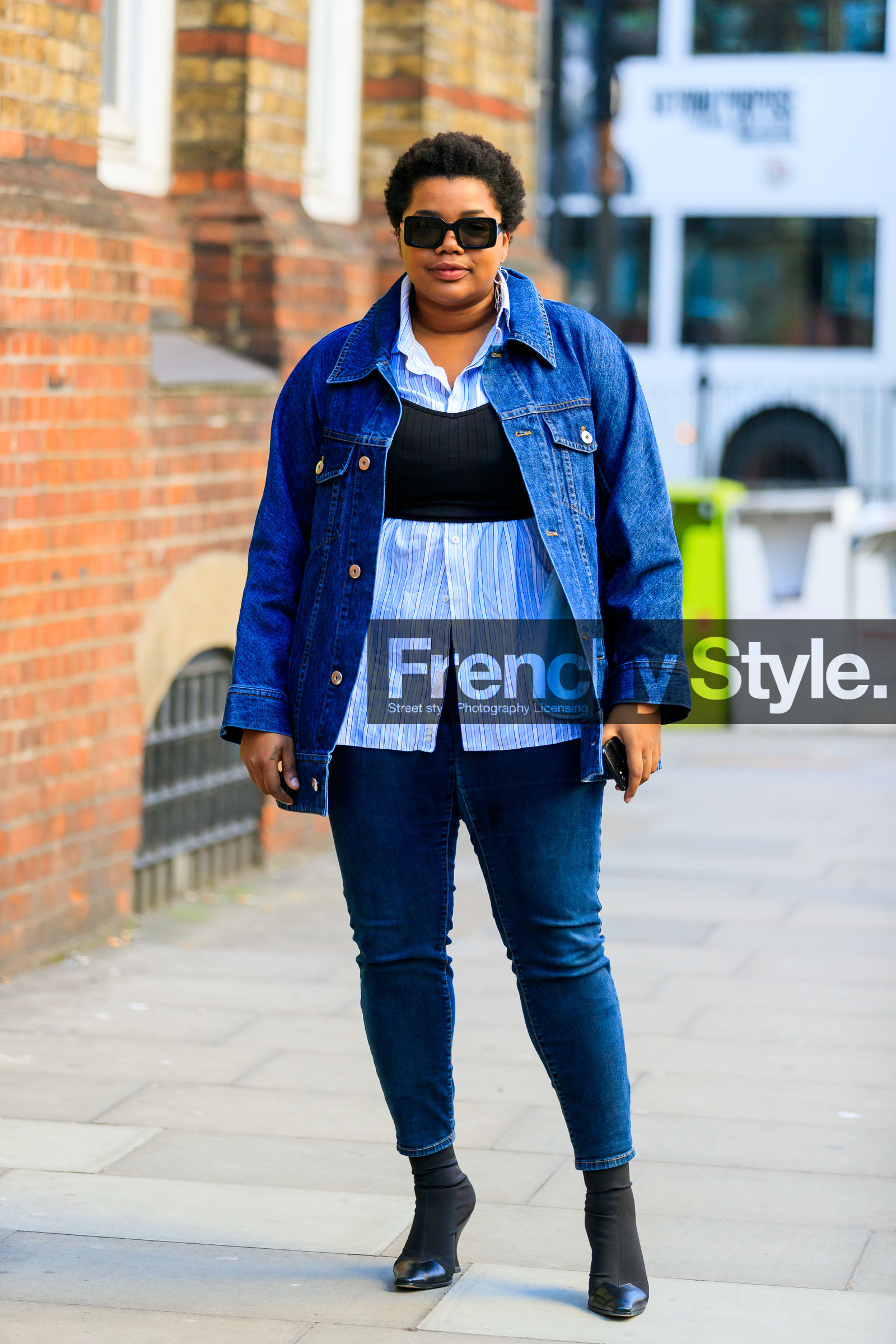 black shoes, black top, blue denim, blue shirt, crop top, céline, denim jacket, denim pants, gabriella karefa johnson, high heels, jeans, leather shoes, striped shirt, sunglasses, trousers, fashion week, frenchystyle, FW, jonathan paciullo, street style, LFW, LONDON, AUTUMN WINTER 2019-2020, AW 19-20, FW 19-20, FALL WINTER 2019-2020, vertical, full length