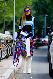 black sweater, Doina Ciobanu, fashion week, fendi, frenchystyle, fringes, full length, FW, graphic skirt, graphic sweater, high boots, high heels, jonathan paciullo, leather bag, leather shoes, MFW, MILAN, multicolor bag, printed skirt, SPRING SUMMER 2017, SS 17, street style, sunglasses, vertical, white boots