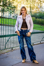beige boost, blue denim, blue jean, boots, brown top, denim, Eugénie Trochu, jacket, jean, leather jacket, lila jacket, pastel, ribbed top, suede boots, top, fashion week, frenchystyle, FW, jonathan paciullo, street style, PFW, PARIS, SPRING SUMMER 2022, SS 22, vertical, full length