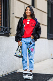 AUTUMN WINTER 2016-2017, AW 16-17, black fur, black jacket, blue denim, cartoon, delfina delettrez, denim pants, embroidered bag, embroidered jean, embroidered sweater, embroideries, fashion week, frenchystyle, full length, fur jacket, fur shoes, FW, FW 16-17, jeans, jonathan paciullo, leather bag, louis vuitton, multicolor bag, NEW YORK, NYFW, printed bag, red sweater, street style, teddy jacket, trousers, vertical, white sneakers, woman, yuwei zhangzou